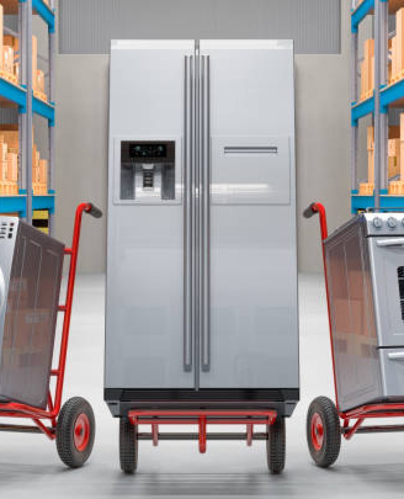Hand trucks with household and kitchen appliances in warehouse. Delivery concept, 3D rendering